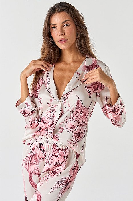 PIJAMA AMERICANO LONGO ACETINADO AMARENA - ÁCUO