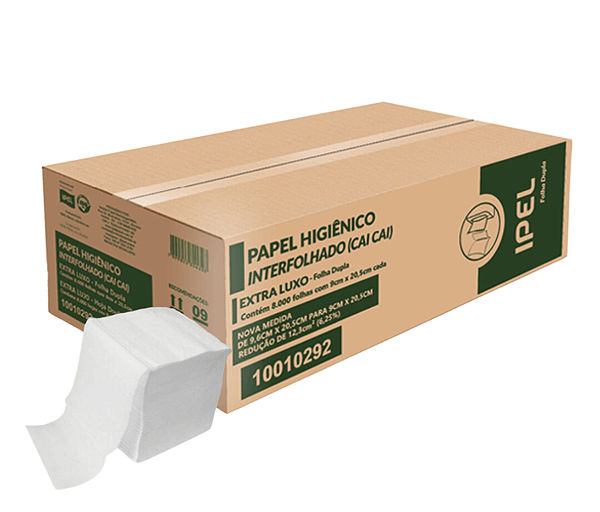 Papel Higiênico Interfolhado Cai-Cai folha Dupla Ipel Indaial com 8.000 folhas Mais higiene e economia em cada folha para banheiros de alta demanda.