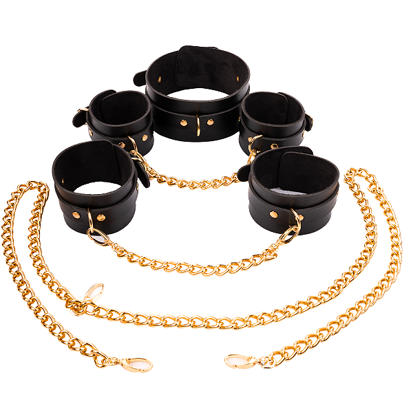 Kit Restritor DOM Gold com Coleira, Algema e Tornozeleiras + Corrente