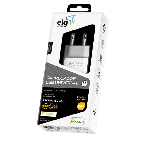Carregador Universal Bivolt 1 Saída USB 3.0A - WC1S-QC3