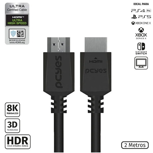 Cabo Hdmi Ultra 2.1 28Awg Puro Cobre 8K 1080/ 144Hz 2 Metros - Pcyes