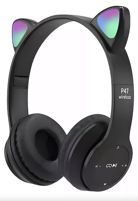 Fone Gatinho Sem Fio Com Led  Lehmox Preto