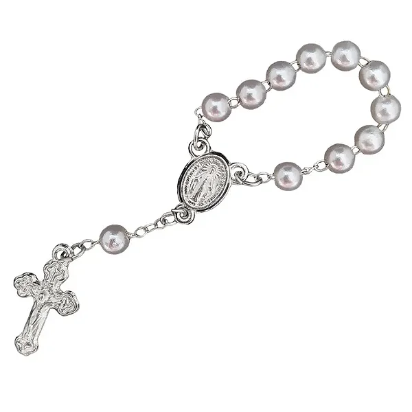 Mini Terço de Metal Prata c/Perola Branca (12 pc)