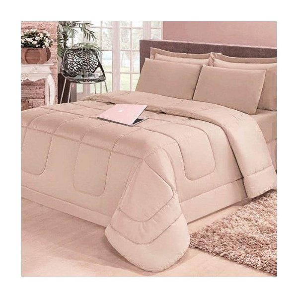 Jogo de cama Casal 6 peças com Edredom e Lençol Casa Dona Bege Bege