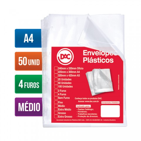 PLASTICO PASTA 4FUROS OFICIO / A-4 MEDIO C/50  7897237350786