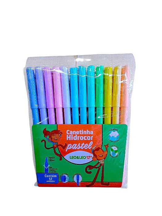 CANETA HIDROCOR 12 CORES TONS PASTEL LEO E LEO
