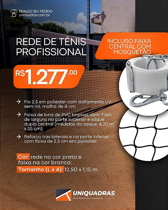 Rede Profissional de Tênis - Fio seda c/faixa central - 12,80m