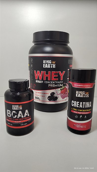 Combo Whey Protein Ultra Concentrado Morango com Iorgute 900g + BCAA 120 Cápsulas + Creatina 120 Cápsulas
