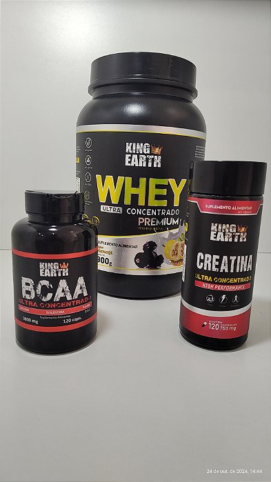 Combo Whey Protein Ultra Concentrado Maracujá 900g + BCAA 120 Cápsulas + Creatina 120 Cápsulas