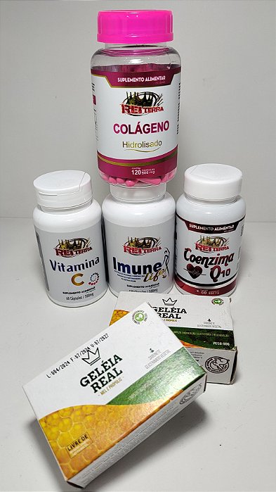Combo Qualidade De Vida - Coenzima Q10 + Colágeno Hidrolisado + Imune Life + Vitamina C + 2 Sabonetes Geléia Real