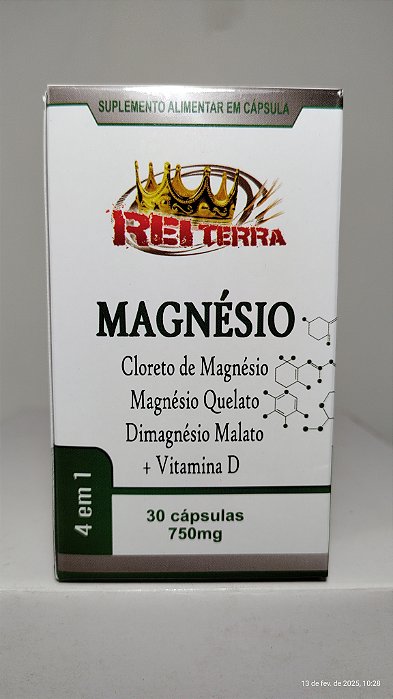 MAGNÉSIO 4 EM 1 - 30 CÁPSULAS / 750 MG (Cloreto de Magnésio, Magnésio Quelato, Dimagnésio Malato e Vitamina D)