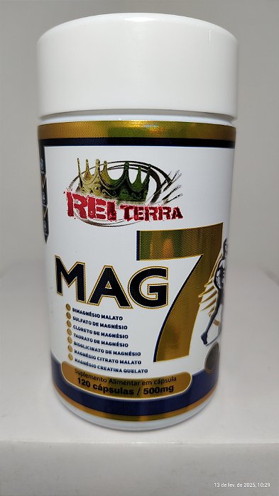 MAG 7 - 120 CÁPSULAS / 500MG - REI TERRA - Dimagnésio Malato, Sulfato de Magnésio, Cloreto de Magnésio, Taurato de Magnésio, Bisglicinato de Magnésio, Magnésio Citrato e Magnésio Creatina Quelato.