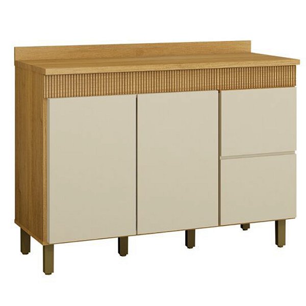 Balcão para Cozinha 120cm 3 Portas 2 Gavetas Dakota Cinamomo/Off White