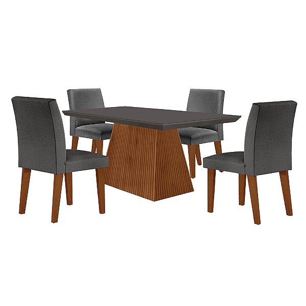 Conjunto de Mesa de Jantar com Tampo de Vidro Luna e 4 Cadeiras Grécia Linho Grafite