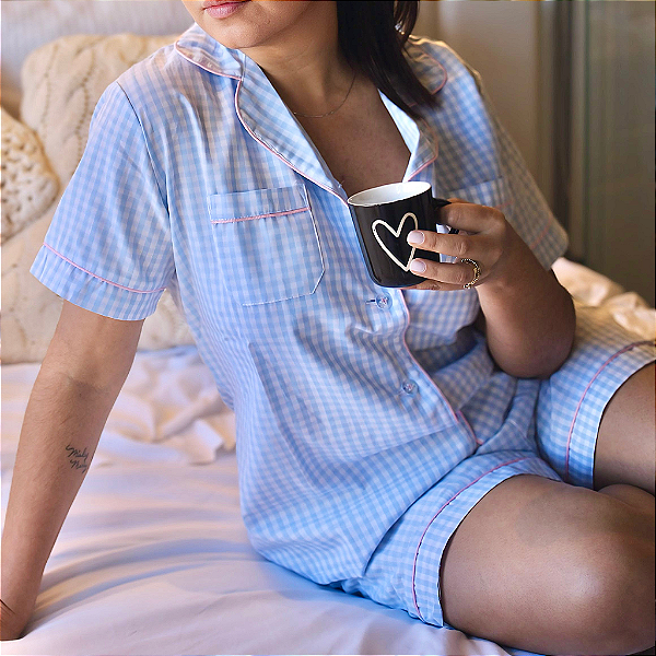 Pijama Americano Curto Xadrez Azul com Rosa