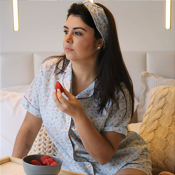 Pijama Americano Curto Azul com Flores