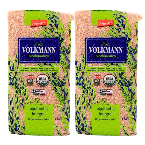 Kit 2 Arroz Integral Agulhinha (Longo Fino) Orgânico Biodinâmico À Vácuo Volkmann 1 kg