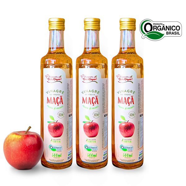Kit 3 Vinagre De Maçã Orgânico Acidez 4,2% Fazenda São Roque 500 ml