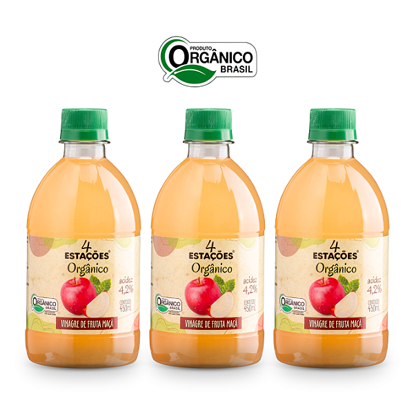 Kit 3 Vinagre De Maçã Orgânico Acidez 4,2% 4 Estações 450 ml