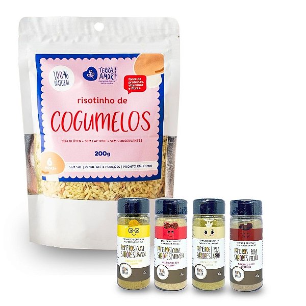 Kit 4 Tempero Primeiros Sabores Carnes Brancas e Vermelhas, Arroz e Feijão + Risotinho Alho Poró e Tomate Terra Amor
