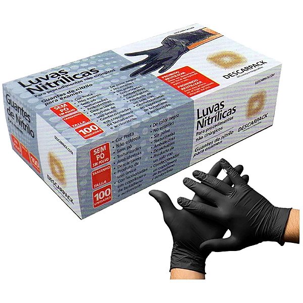 Luva Nitrílica Para Procedimento Não Cirúrgicos Sem Pó - Preta C/100 (G) Descarpack