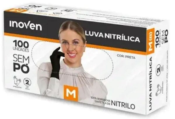 Luva Nitrílica Para Procedimento Não Cirúrgicos Sem Pó - Preta C/100 (M) Inoven