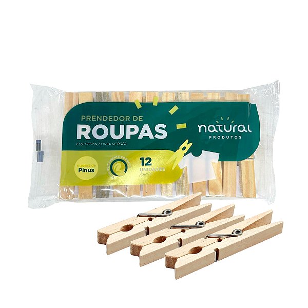 Prendedor de roupa de madeira Pacote c/ 12 Und - Natural