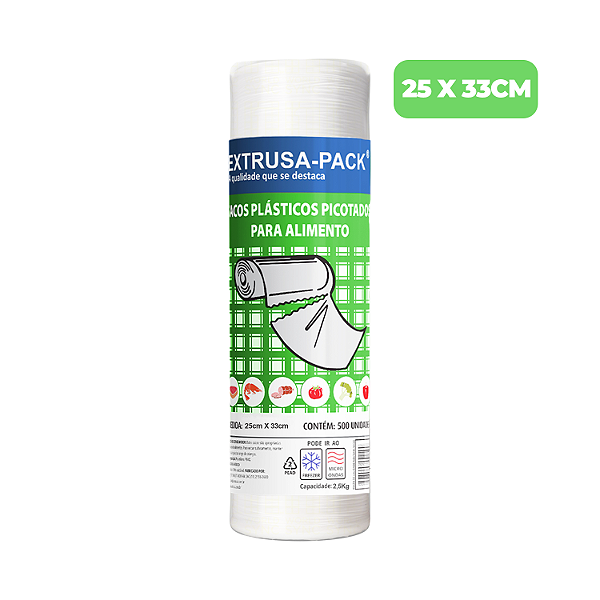 Bobina Plástica Picotada 25x33cm com 500 sacos Extrusa Pack