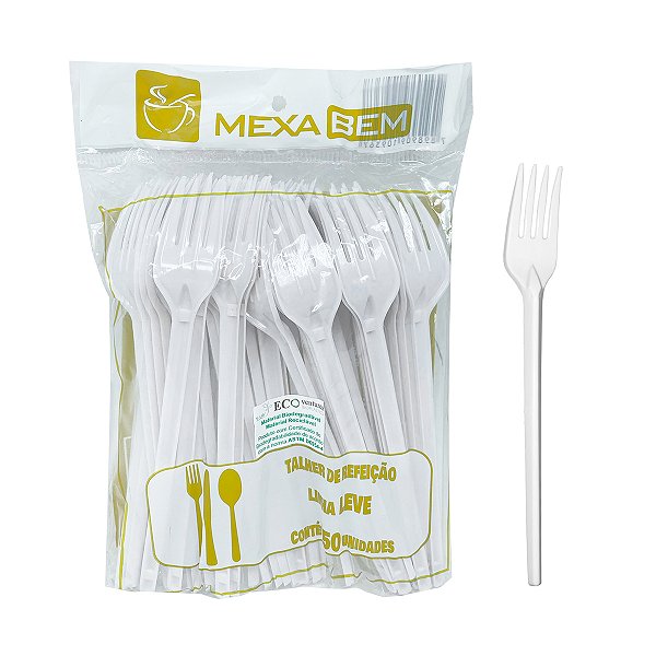 Garfo de Plástico Refeição Biodegradável Branco com 50 unidades Mexa Bem