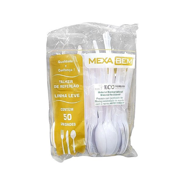COLHER DE PLÁSTICO REFEIÇÃO BIODEGRADÁVEL BRANCA C/ 50 UNIDADES MEXA BEM