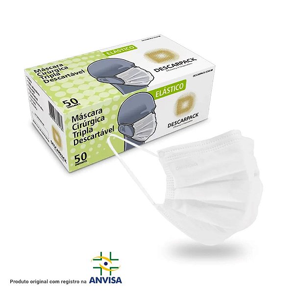 Máscara Cirúrgica Tripla Descartável Branca 50 unidades - Descarpack