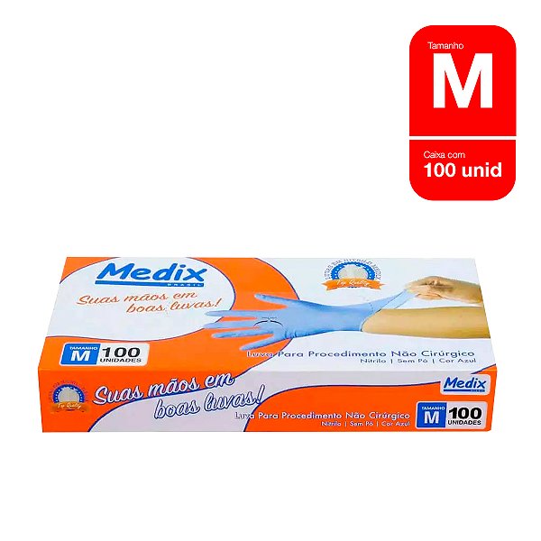 Luva Descartável Nitrílica M azul 100 unidades Medix