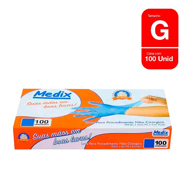 Luva Descartável Nitrílica G azul 100 unidades Medix