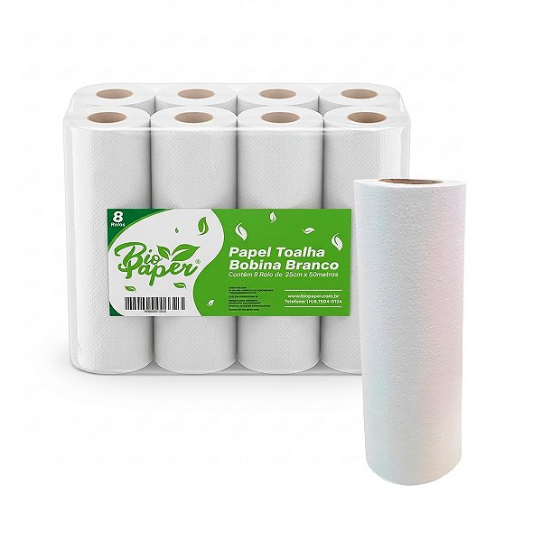 Papel Toalha Bobina Branco 25cm x 50 C/8 Bobinas Bio Paper