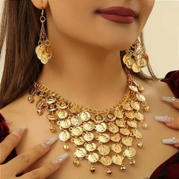 Colar e Par de Brincos Moedas | Dança do ventre | Cigana- CL001