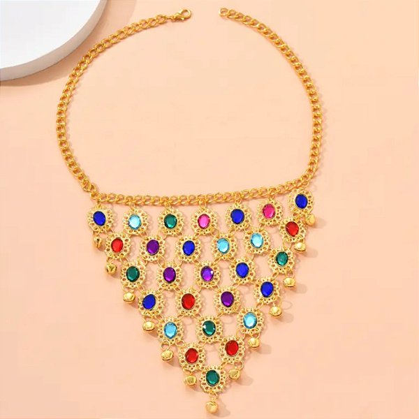 Colar Dourado com Pedrarias Coloridas | Dança do ventre | Cigana- CL002