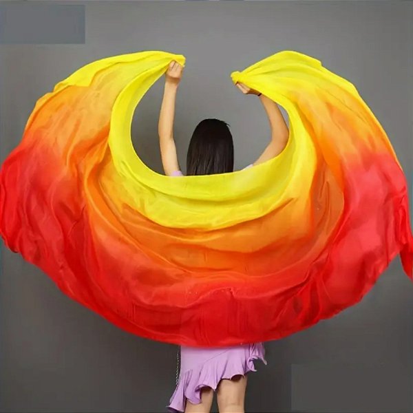 Véu de Seda Pura Pongé Vermelho, Laranja e Amarelo |Dança do Ventre| Cigana- VS006