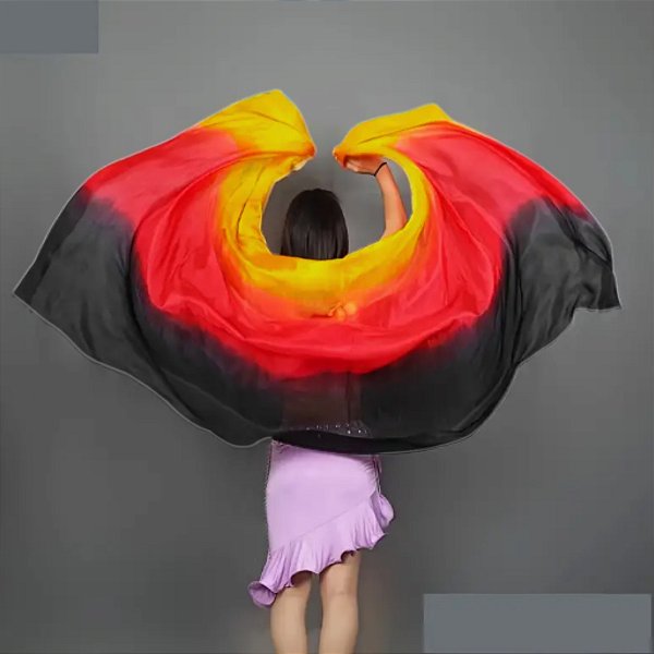 Véu de Seda Pura Pongé Amarelo, vermelho e preto |Dança do Ventre| Cigana- VS010