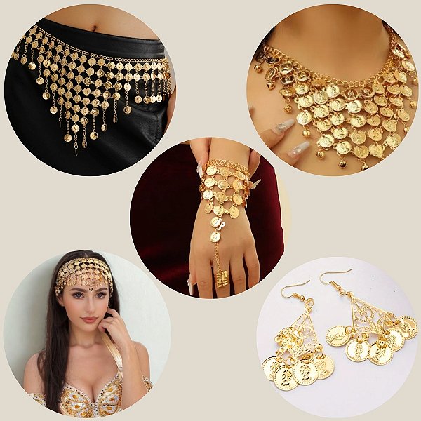 Combo 5 em 1, Cinto, Par de Pulseira, Tiara, Colar e Brinco - Dança do Ventre - Cigana CB001