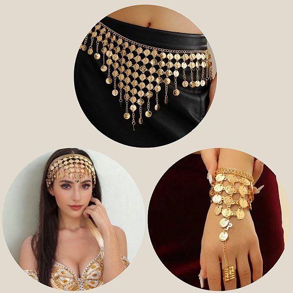 Combo 3 em 1 , Cinto, Par de Pulseira, Tiara - Dança do Ventre - Cigana CB002