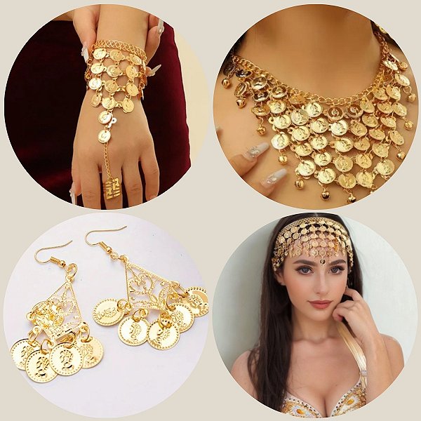 Combo 4 em 1 , Par de Pulseira, Tiara, Colar e Brinco - Dança do Ventre - Cigana CB005