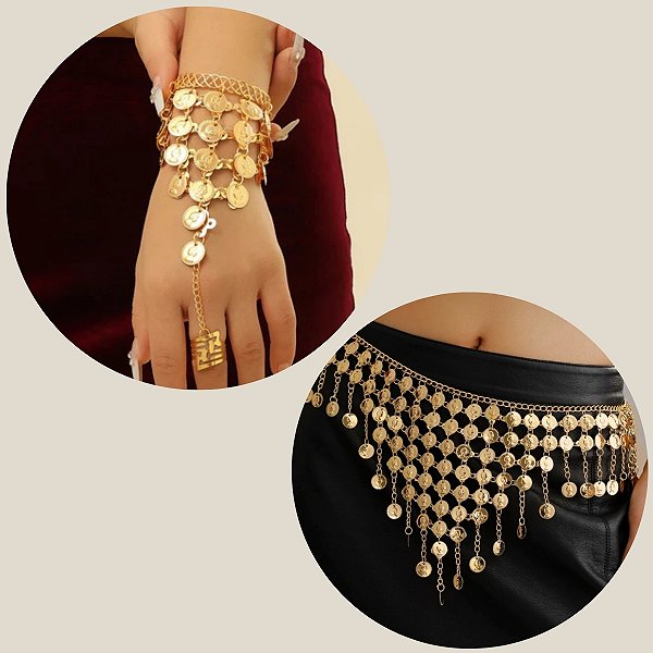 Combo 2 em 1 , Cinto, Par de Pulseira - Dança do Ventre - Cigana CB006