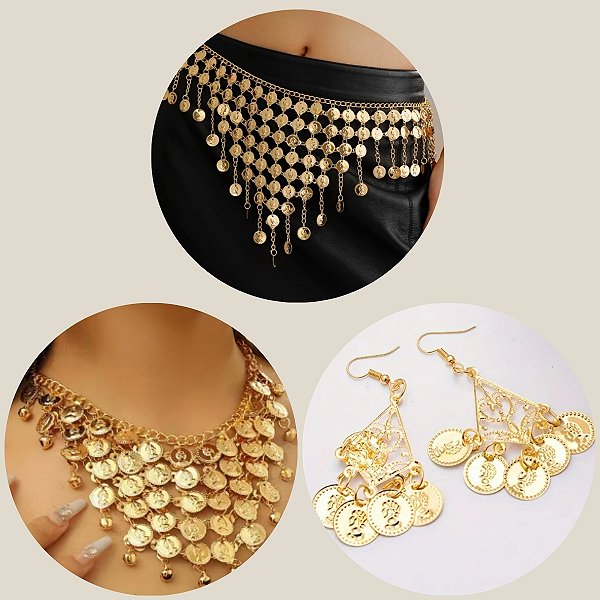 Combo 3 em 1 , Cinto, Colar e Brinco - Dança do Ventre - Cigana CB008