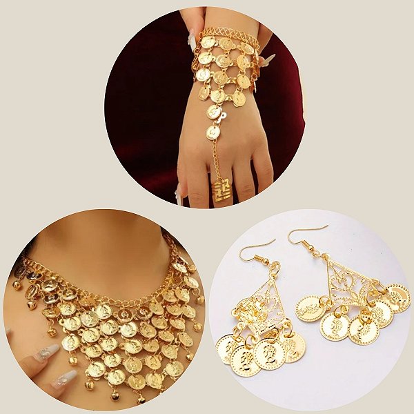 Combo 3 em 1 , Par de Pulseira, Colar e Brinco - Dança do Ventre - Cigana CB010