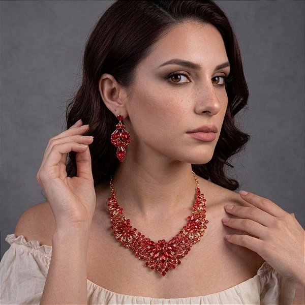 Colar e Par de Brincos Luxo com Pedrarias |Dança do Ventre|Cigana - CL005