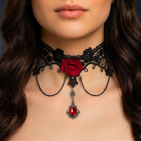 Colar Gargantilha Chocker Gótico Renda e Pingente| Dança Cigana- CG007