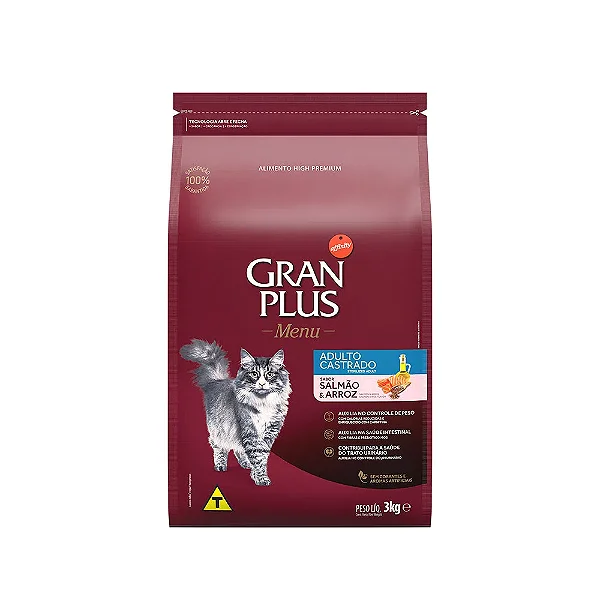 Raçao Granplus Pacoteira Gato Castrado Salmao E Arroz 3kg