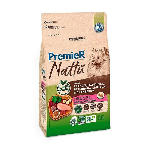 Raçao Premier Nattu Pacoteira Cães Adultos Raças Pequenas Mandioca 2,5kg
