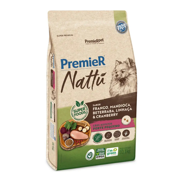 Raçao Premier Nattu Cães Adultos Raças Pequenas Mandioca 10kg