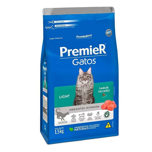 Raçao Premier Pacoteira Gatos Adultos Ambientes Internos Light Salmao 1,5kg